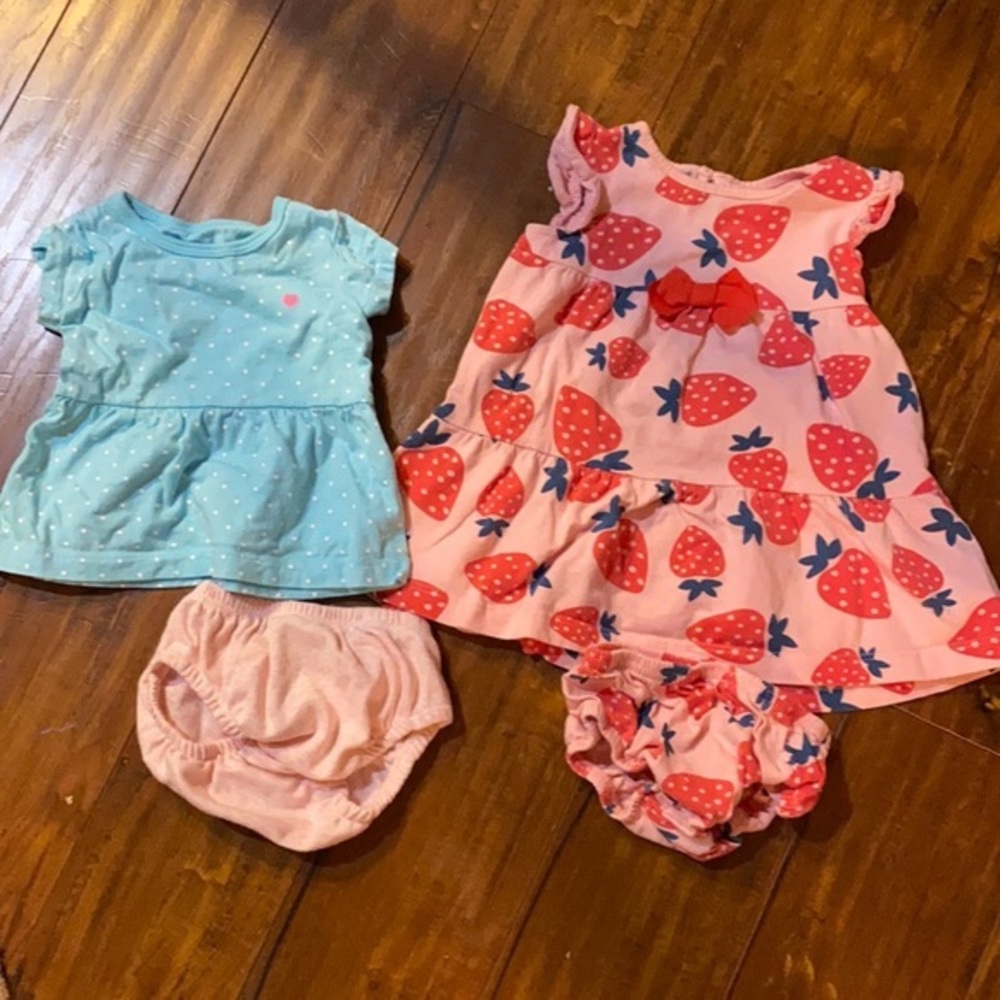 Carter’s Baby Girl Strawberry Dress Set & Blue Polka Dot Outfit 3M
